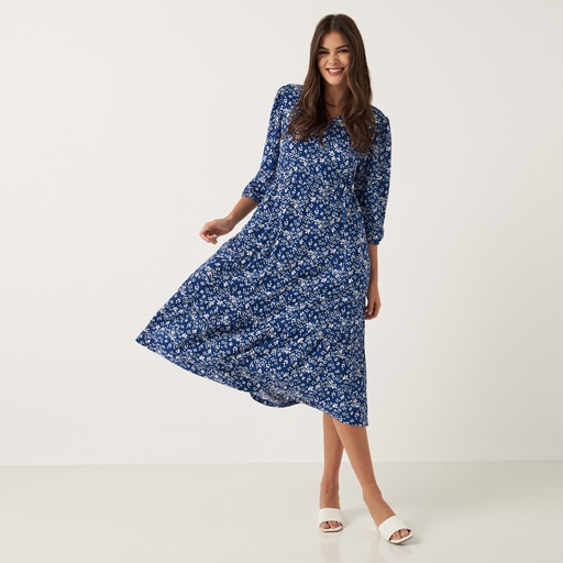 Robe midi à col en V et manches bouffantes